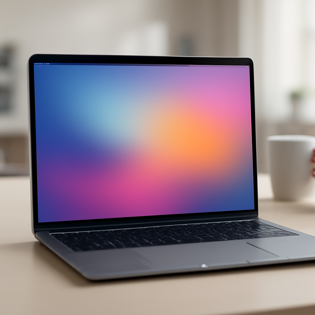 Laptop screen on a desk in a modern workspace with a person's hand holding a coffee cup in the background.
