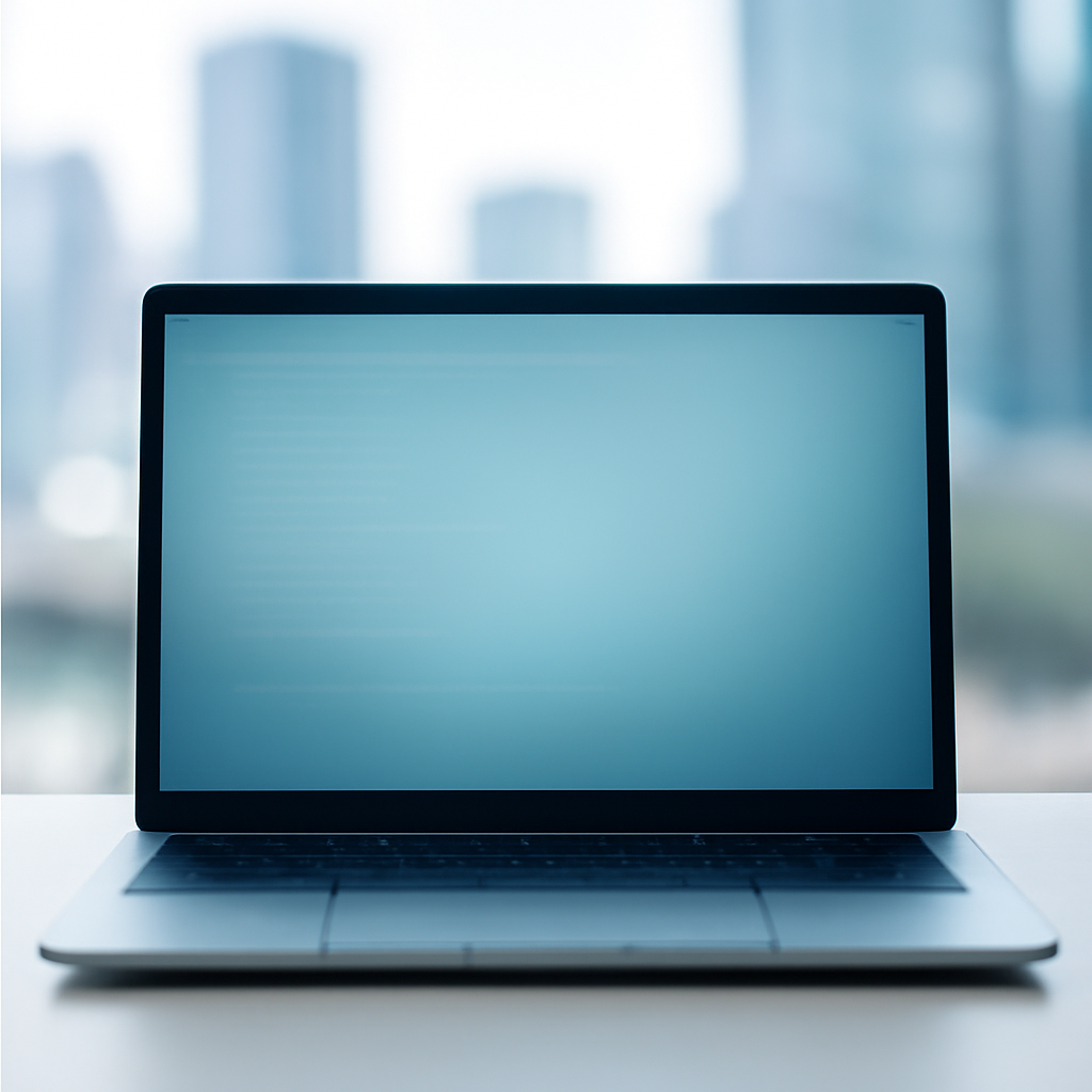 Laptop on a plain surface with a blurred background and a blank, gradient blue screen.
