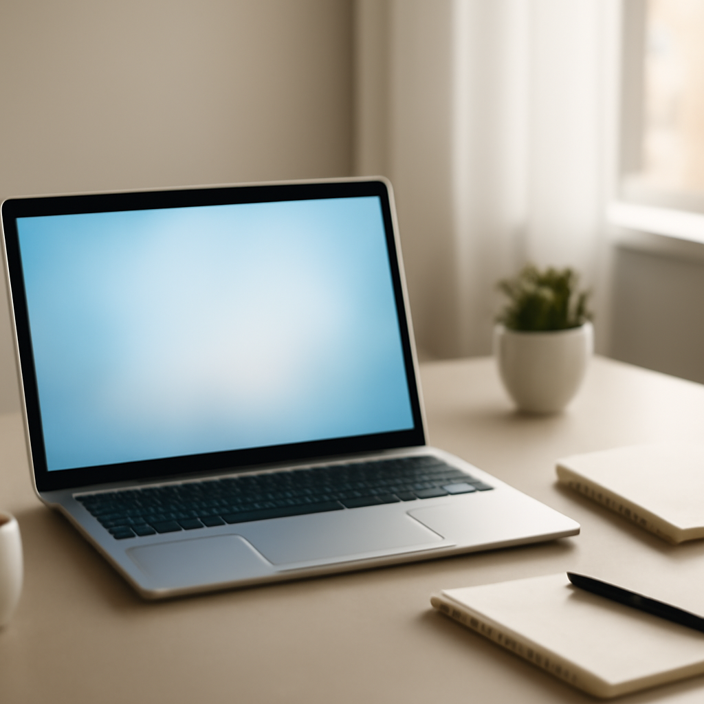 Modern workspace with laptop, notepad, and pen near a window.