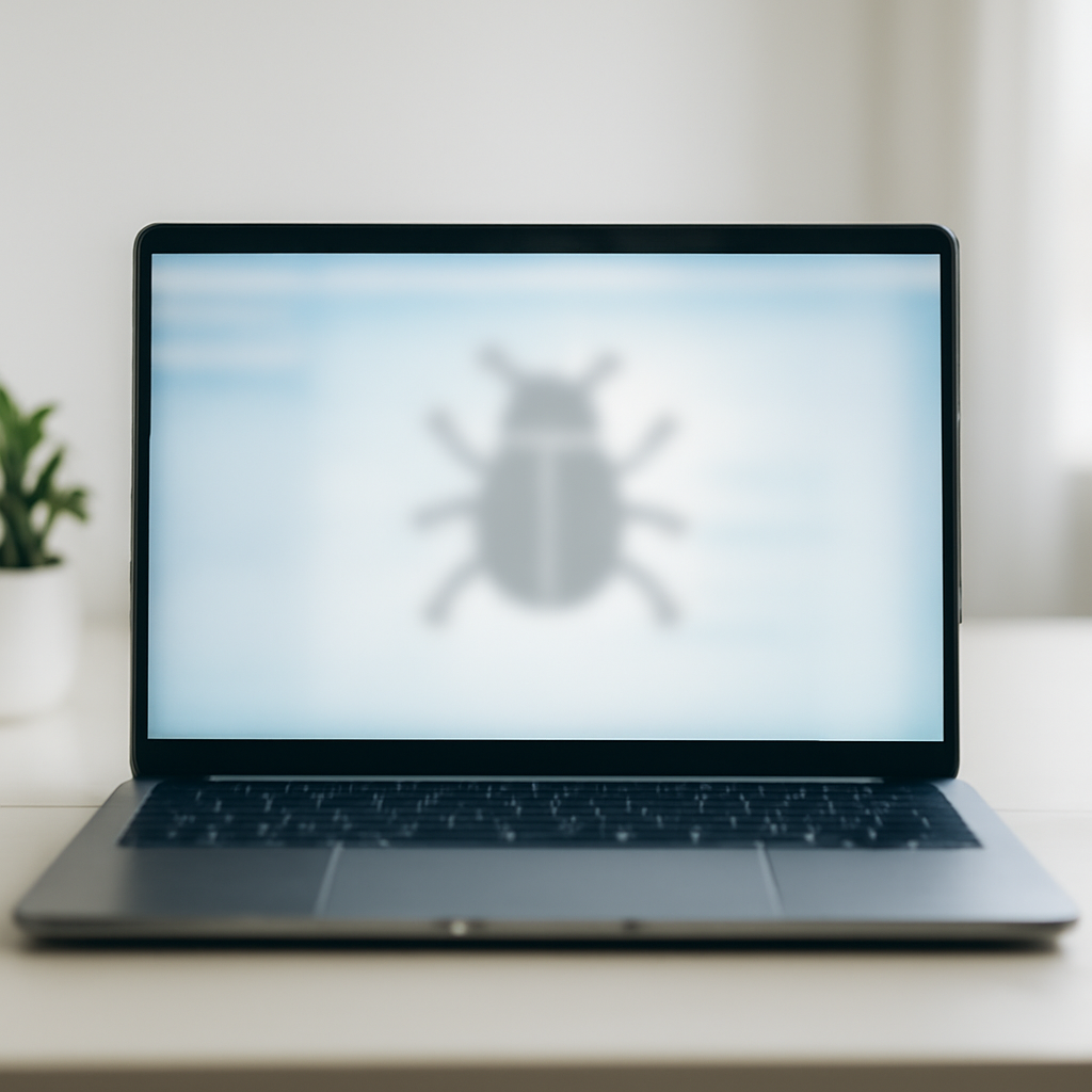 Laptop screen on a minimalist desk with a blurred display and a subtle bug icon in the background.