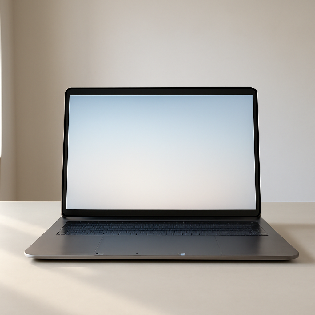 Laptop on a neutral surface with a blank screen displaying a soft gradient, in a clean and minimalist setting.