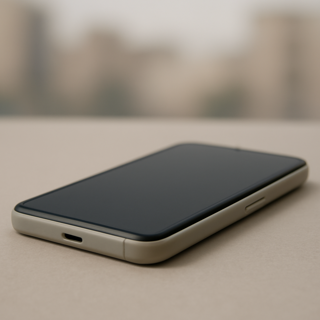 Close-up of a Pixel phone on a plain surface with screen off.