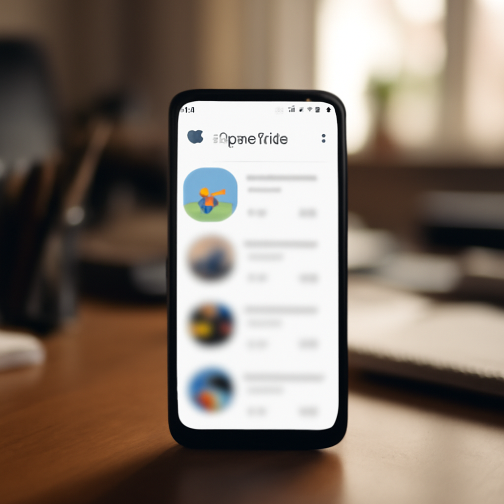 Smartphone screen displays Google Play app with a list of apps, one featuring a generic cityscape, on a cluttered desk.