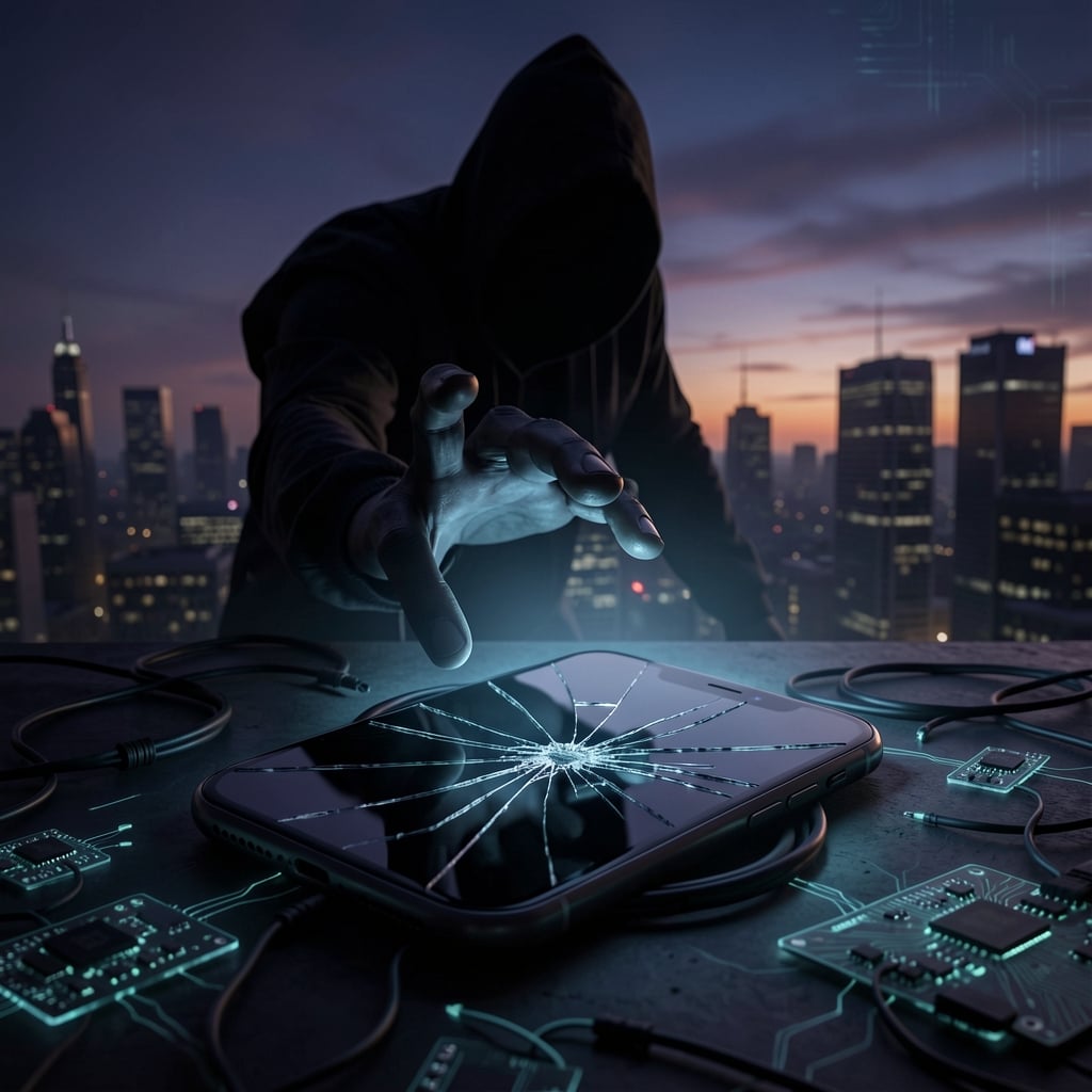 Smartphone with cracked screen surrounded by eerie circuit boards and wires, with a looming hacker figure in the background.