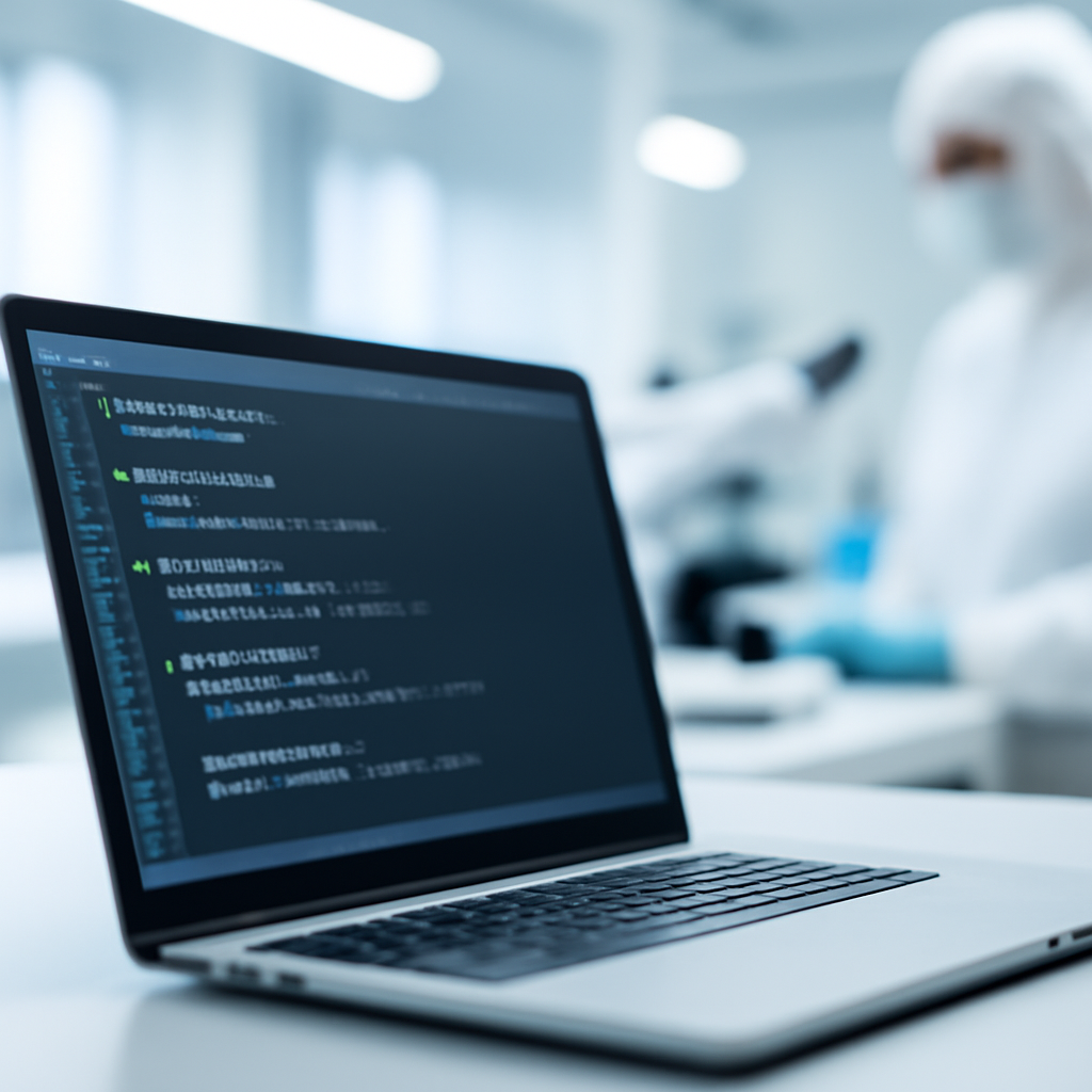 Researcher working in clean-room setting with laptop displaying code editor.