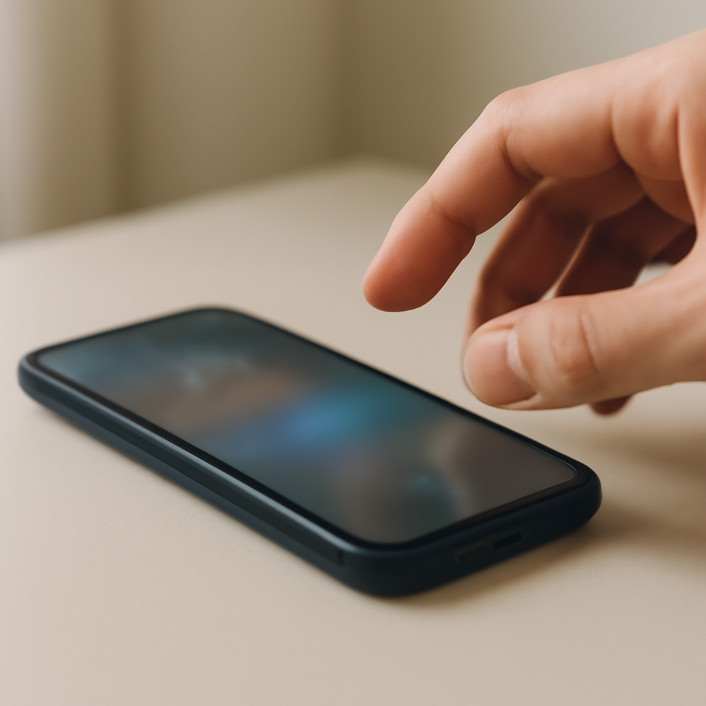 Hand reaches for Android smartphone with blurred lock screen on a flat surface.