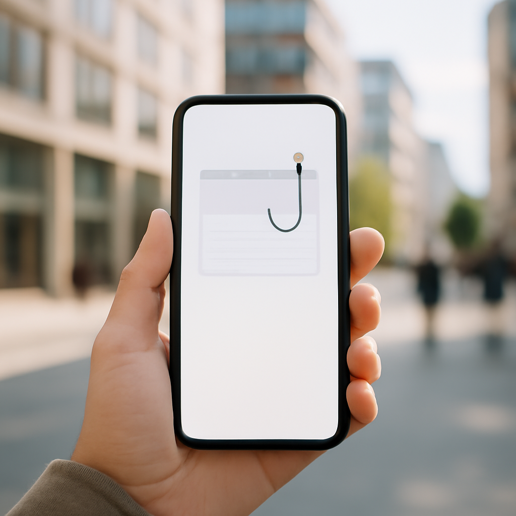 Person holding smartphone with subtle phishing website in background, standing on city street.