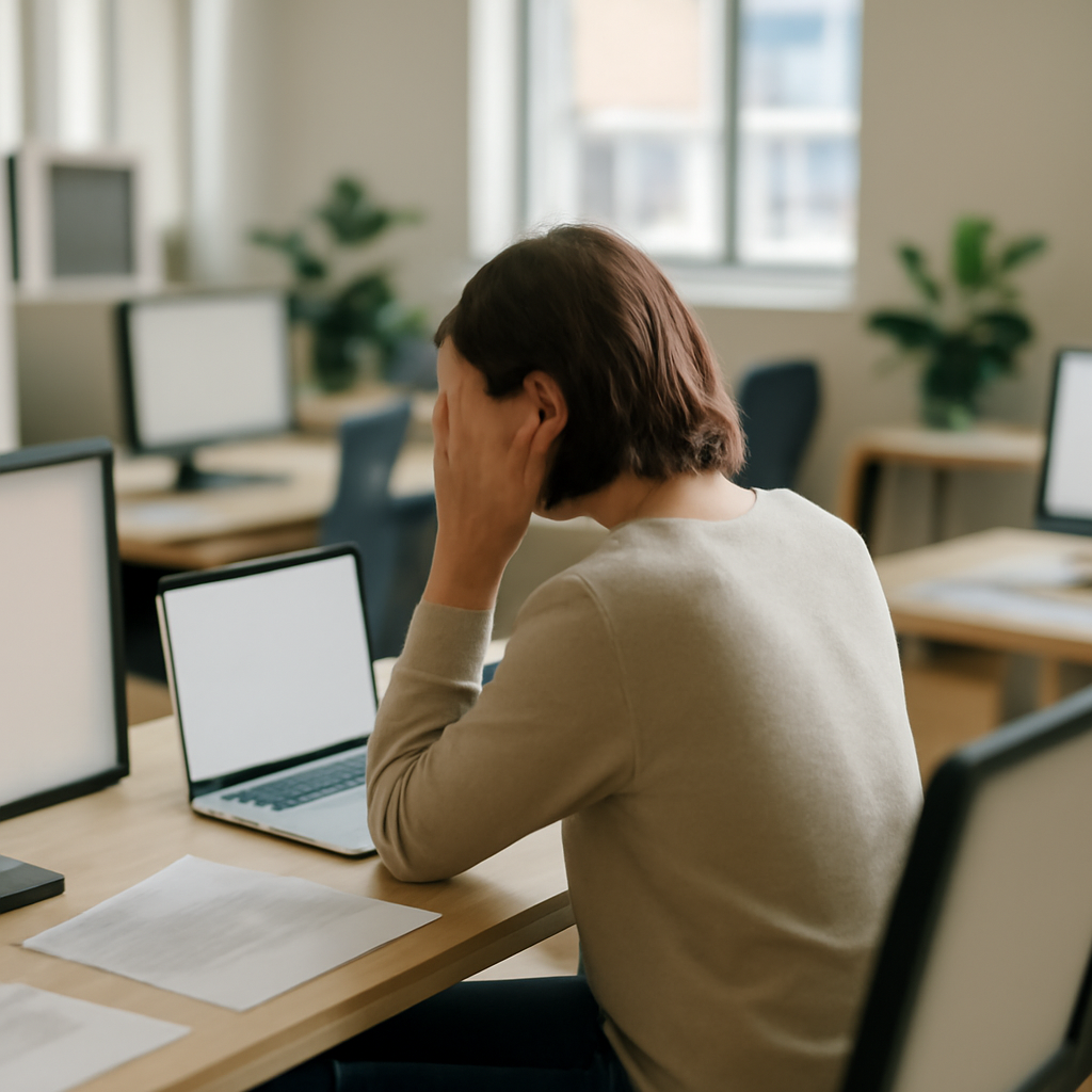 Person sits at desk with laptop, surrounded by papers and empty computer screens in a neutral office space.