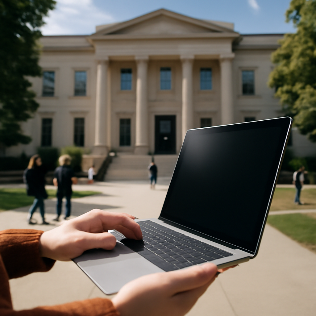 Person using laptop outdoors in front of government or academic building.
