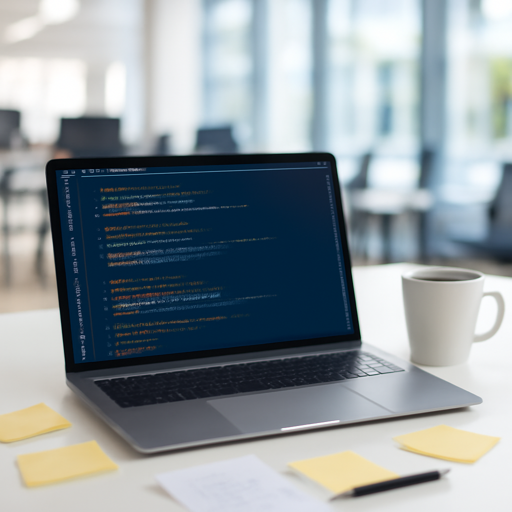 Developer workstation with laptop, notes, and coffee cup in a bright, open office space with natural daylight.