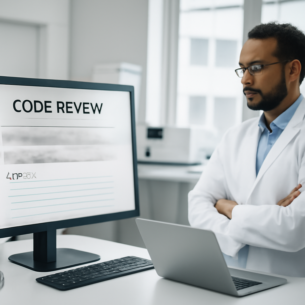 Researcher stands beside computer screen displaying code review interface in laboratory setting.