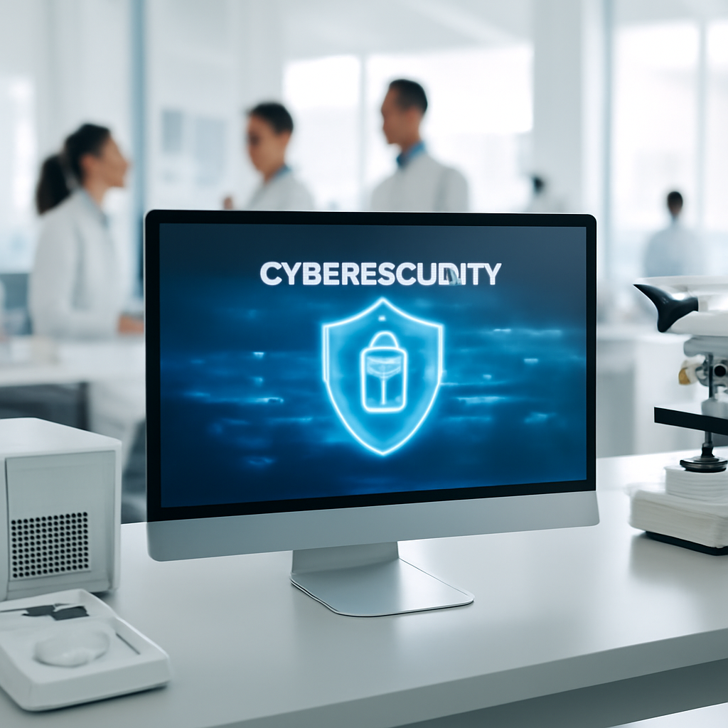 Cybersecurity workstation with futuristic interface on a neutral-colored desk.