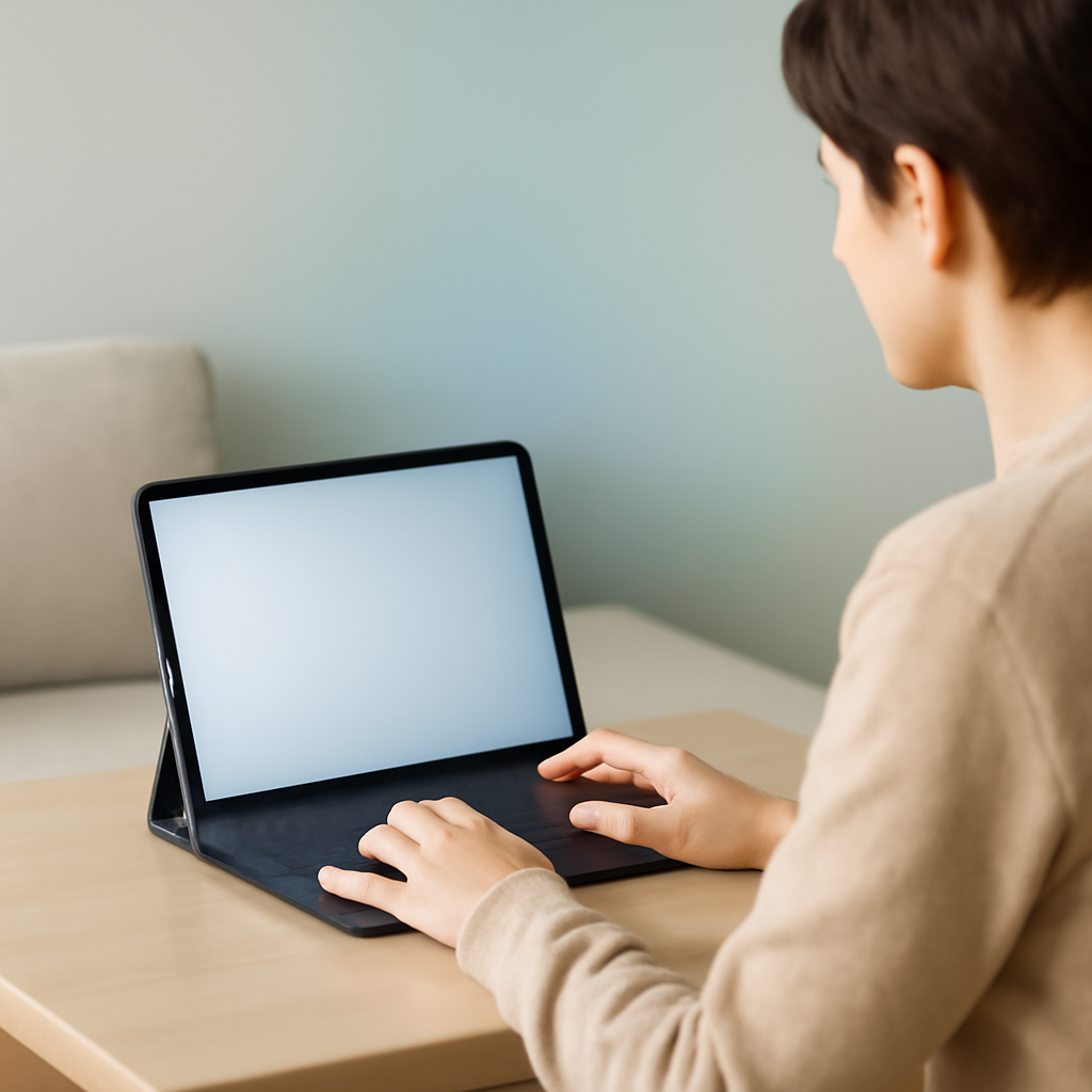 Person considering settings on a laptop in a neutral-colored room.