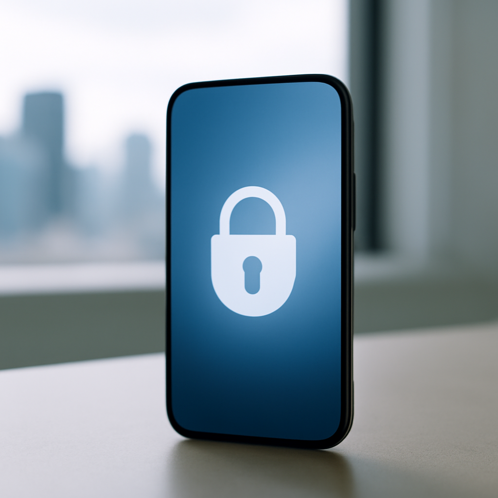 Smartphone on a neutral surface with a blurred cityscape background and a subtle lock icon on the screen, conveying…