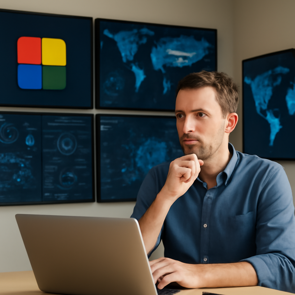 Person working on laptop surrounded by threat intelligence screens and maps.