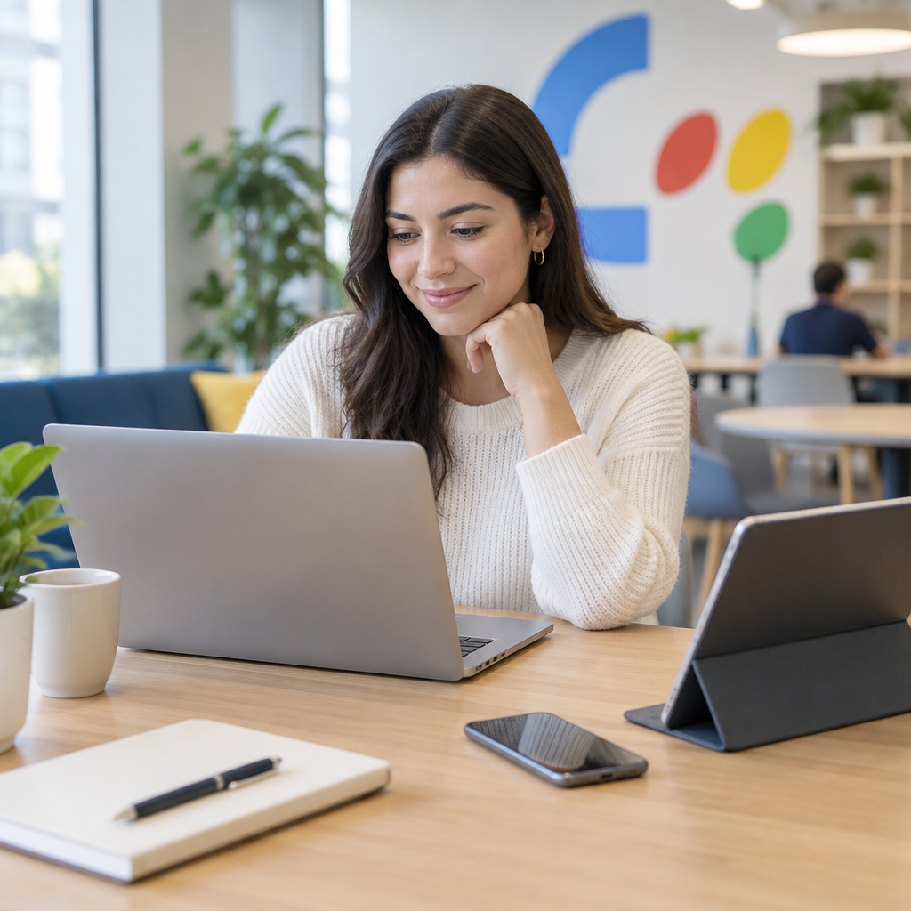 Person working in a neutral space surrounded by devices like a laptop and smartphone.