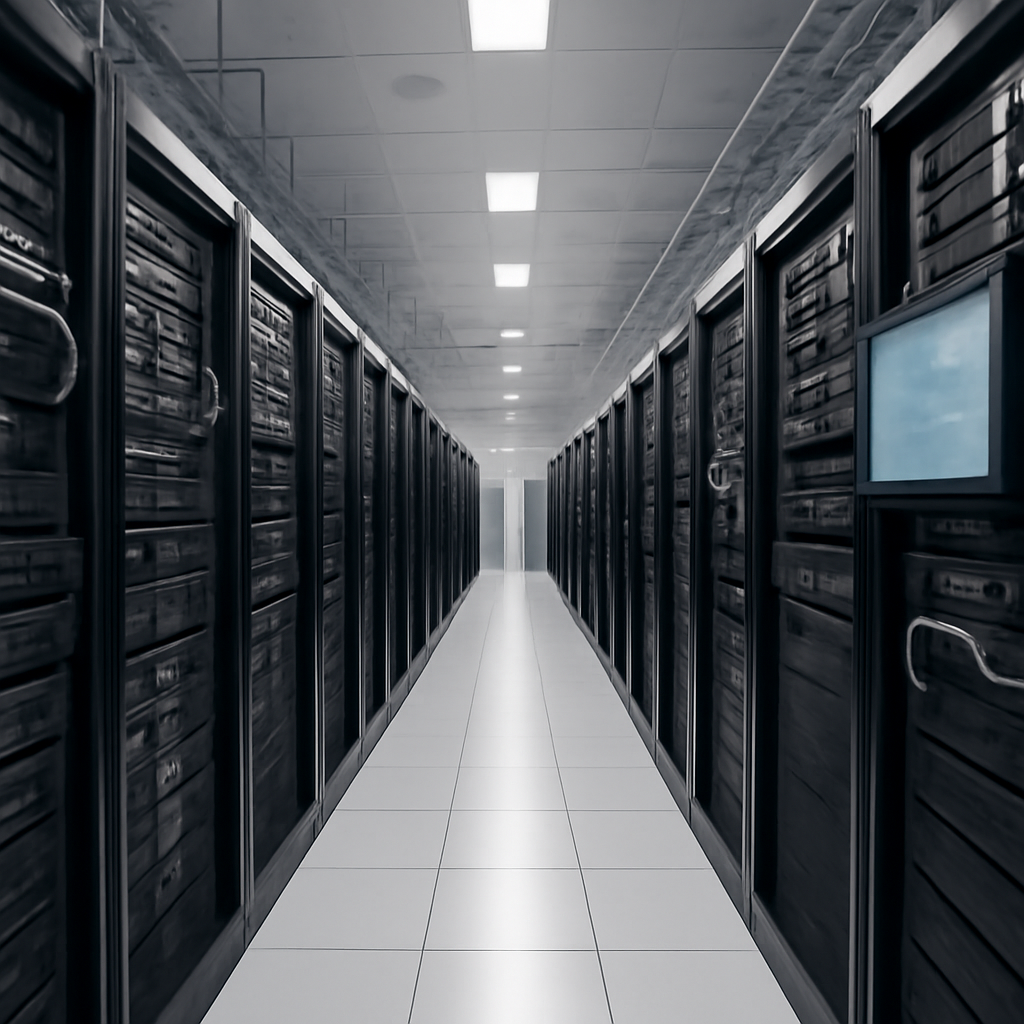 Rows of storage servers and networking equipment in a large data center.