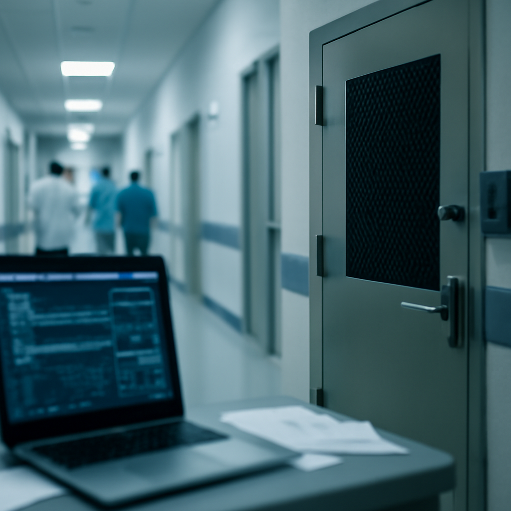 Blurred hospital corridor with secure door and workstation in foreground.
