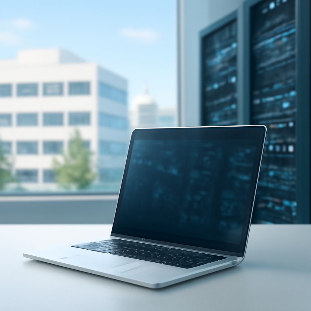 Laptop on a neutral surface with blurred cityscape in the background.
