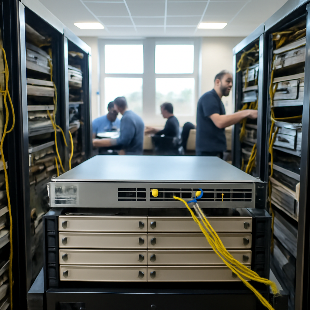 Technicians work in a brightly-lit network operations room with a Cisco device on a rack surrounded by generic networking…