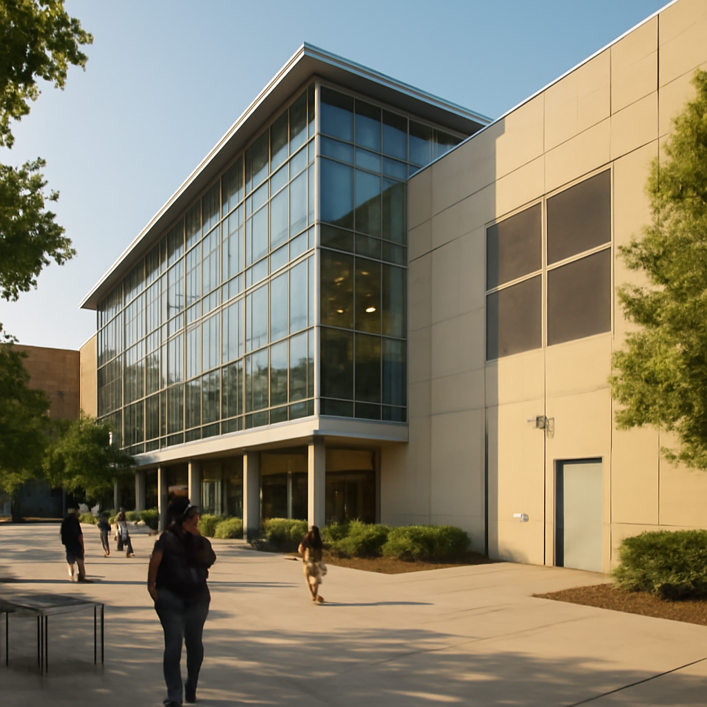 Modern university building with server room exterior and people walking in background.