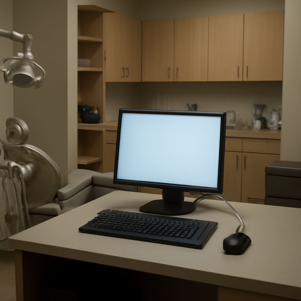 Dental clinic back office with computer workstation and equipment.