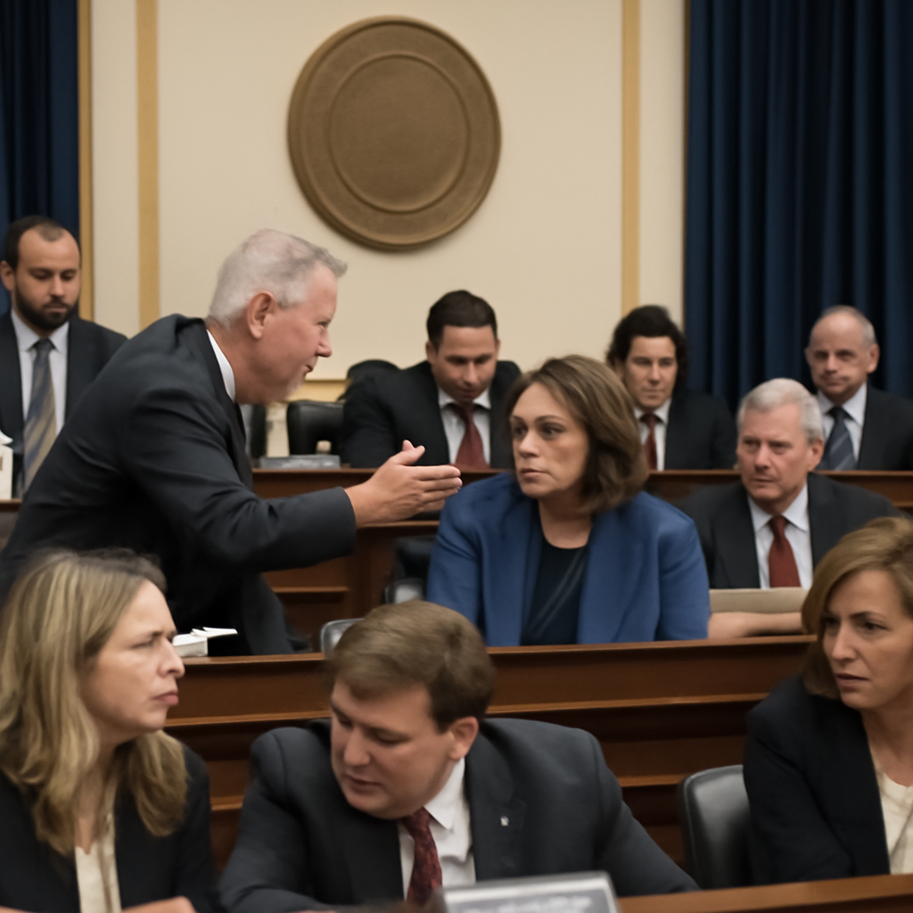Congress members sit at desks, some in disagreement, others frustrated, in a divided House of Representatives chamber.