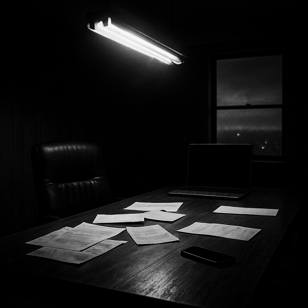 Empty chair at a conference table with scattered papers and dark, disconnected devices.
