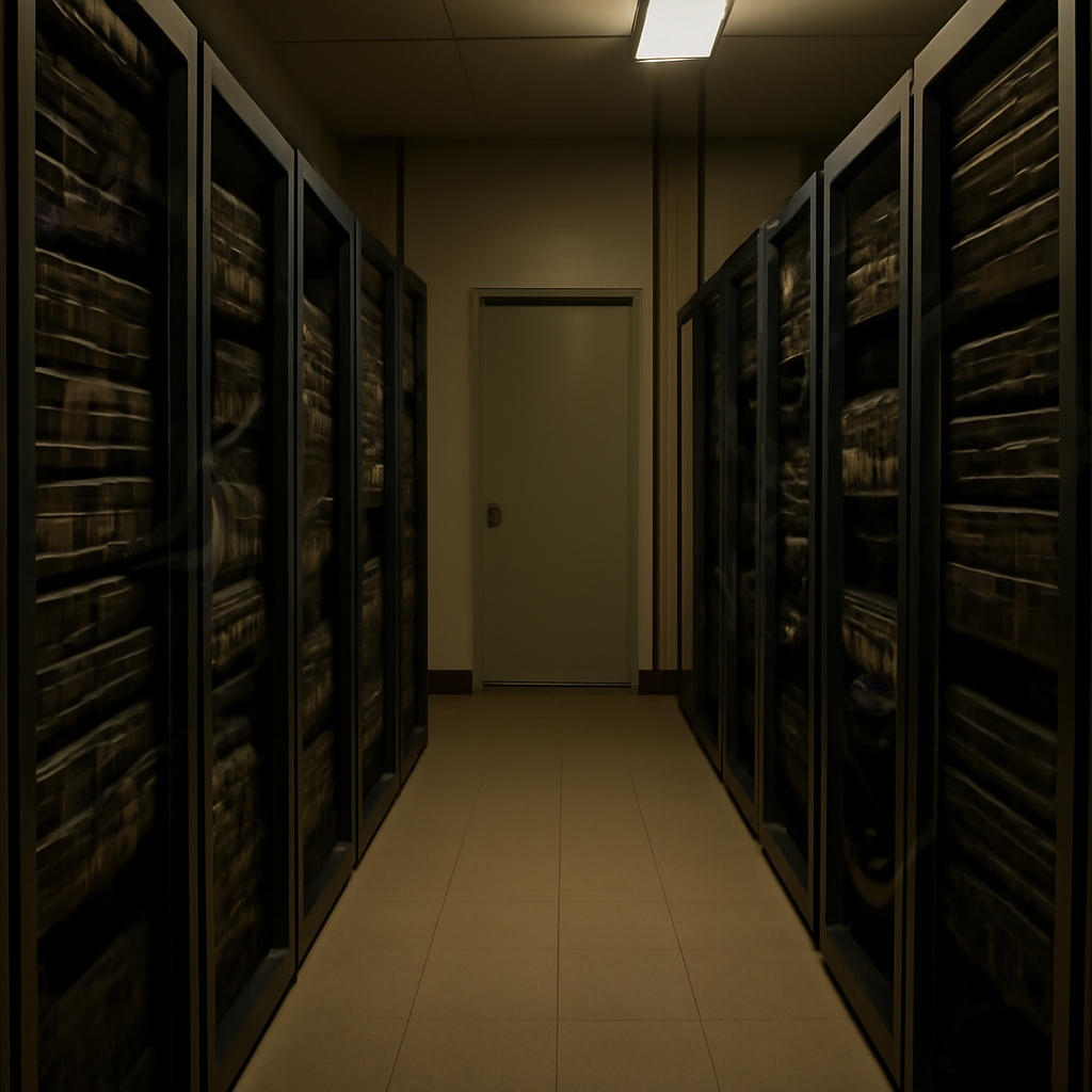 Rows of computer servers and network equipment in a dimly lit server room with organized cables and wires.