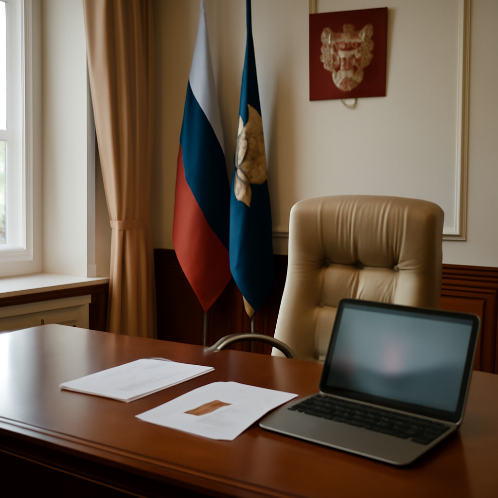 Formal office setting with laptop, papers, and pen on a desk near a window overlooking a cityscape.