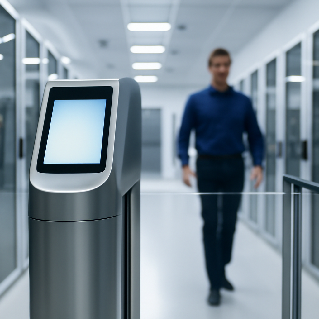 Secure access point with modern control panel in a brightly-lit data center surrounded by server racks.