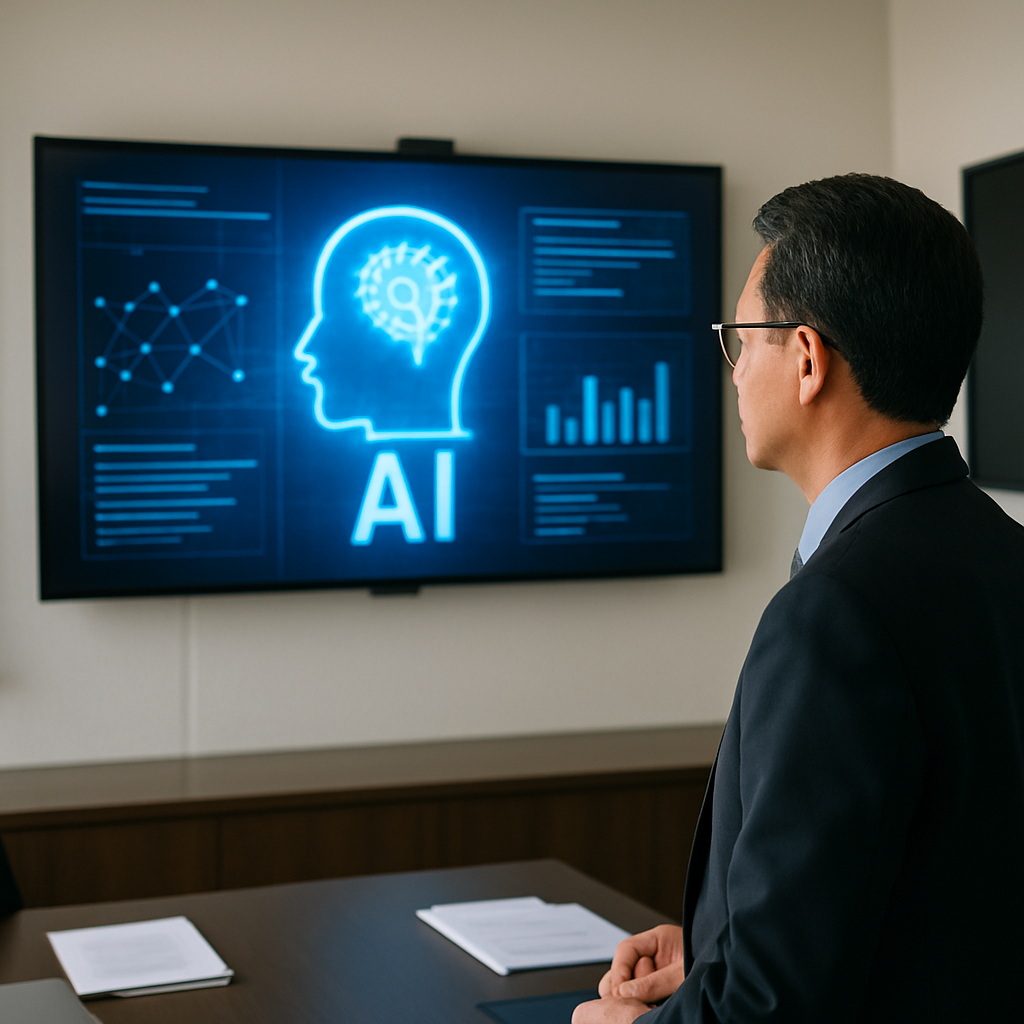 Professional interacts with futuristic AI system interface on large screen in corporate setting.