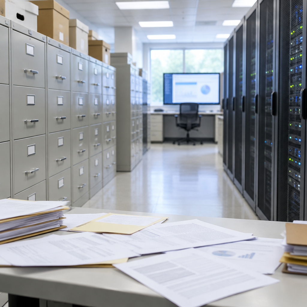 Rows of filing cabinets and server racks in a brightly-lit government records storage room with scattered papers on a table.