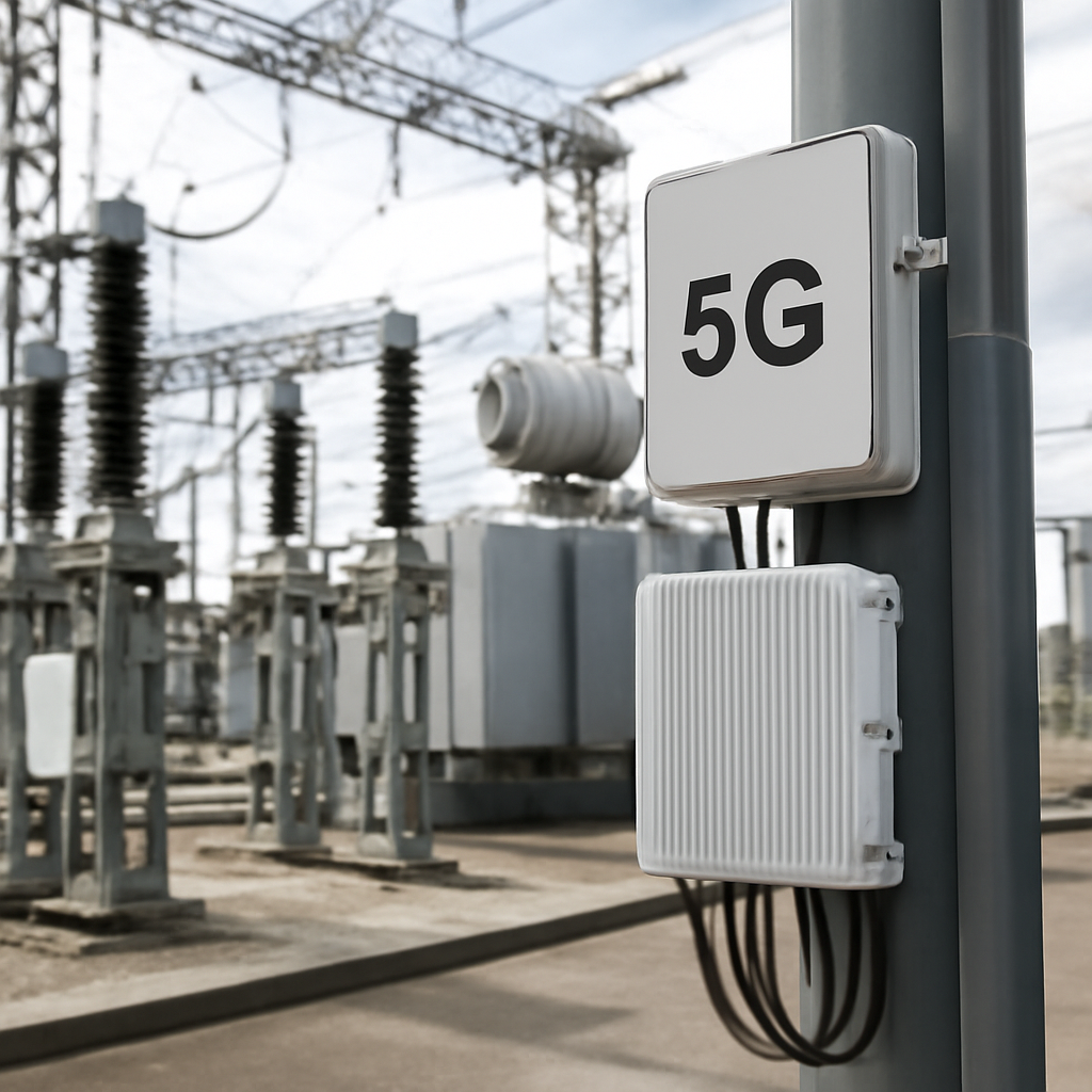 Critical infrastructure site with private 5G network equipment and industrial machinery.