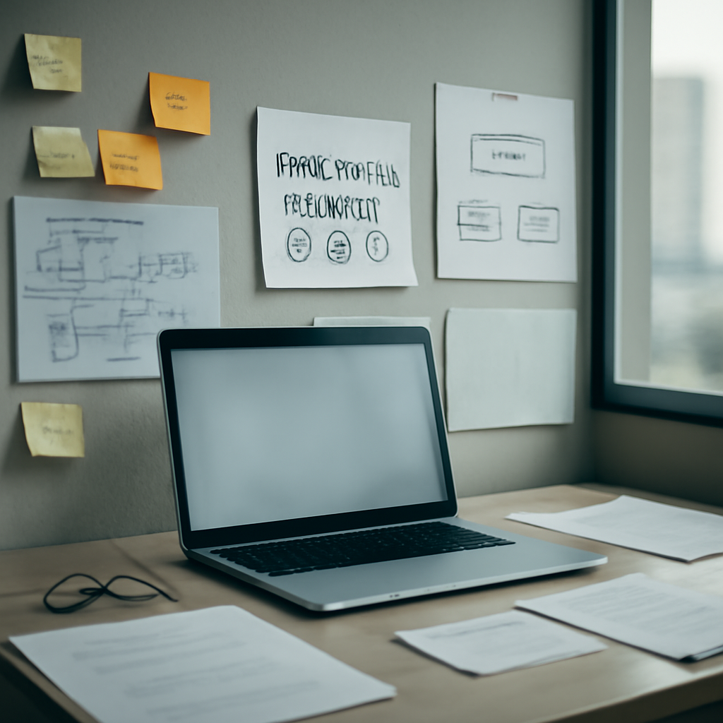 Software development workspace with laptop, notes, and diagrams, set against a blurred office background.