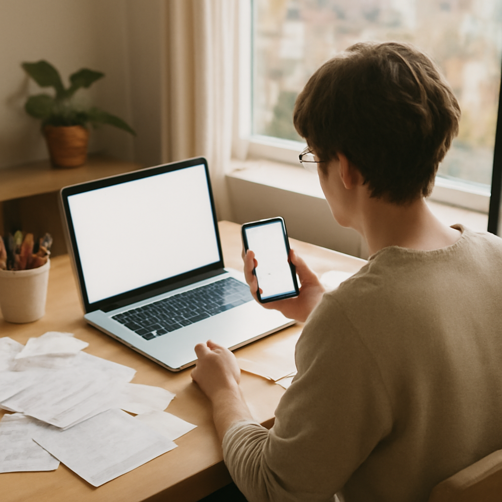 Person working at desk with laptop and phone, surrounded by papers, in a home office with a city view through the window.