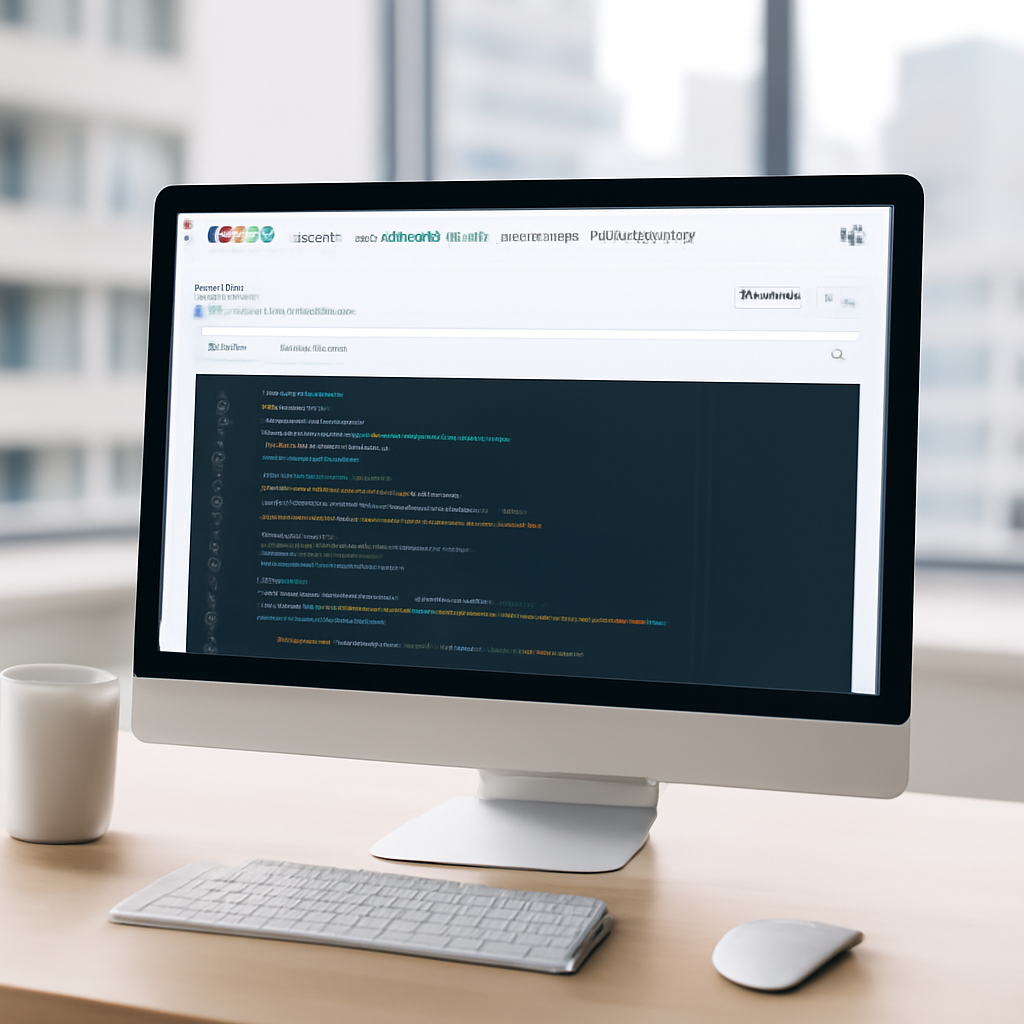 A coding workstation with a computer screen displaying lines of code in a neutral setting.