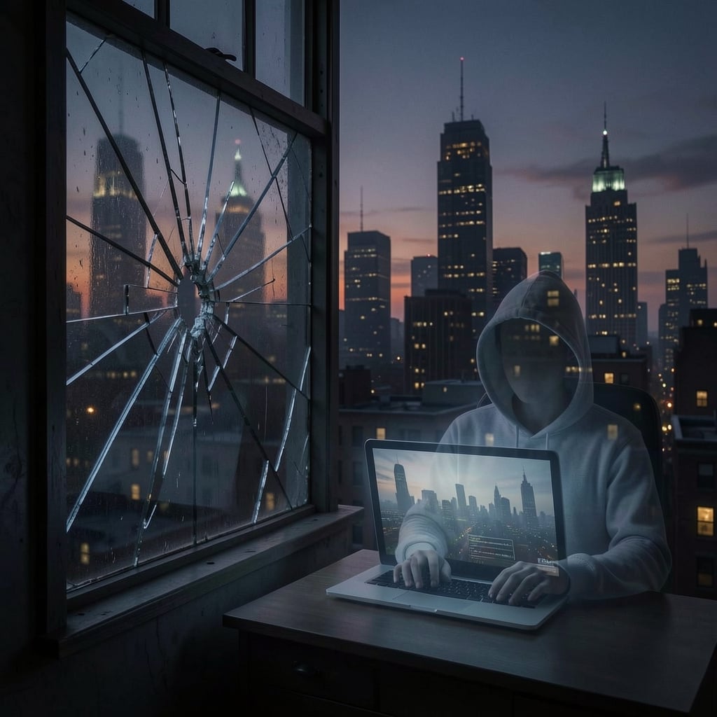 Dark cityscape with cracked window, eerie glows, and ghostly figure in hoodie in front of laptop screen.