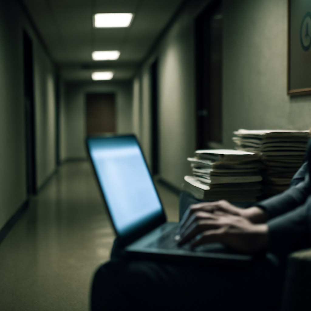 Person sits on bench in office corridor with laptop and paperwork, face obscured.