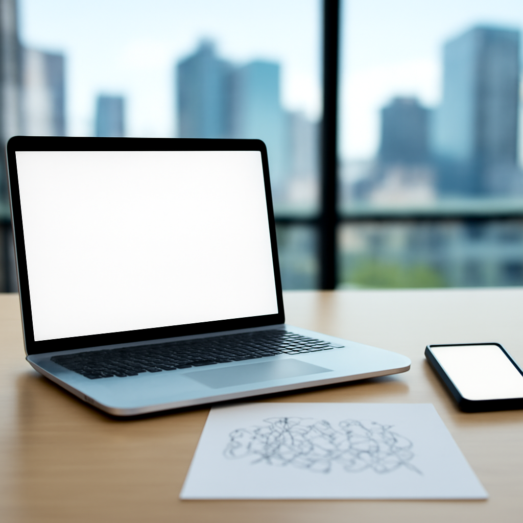 Modern office setting with laptop, phone, and paper with scribbles on a desk.