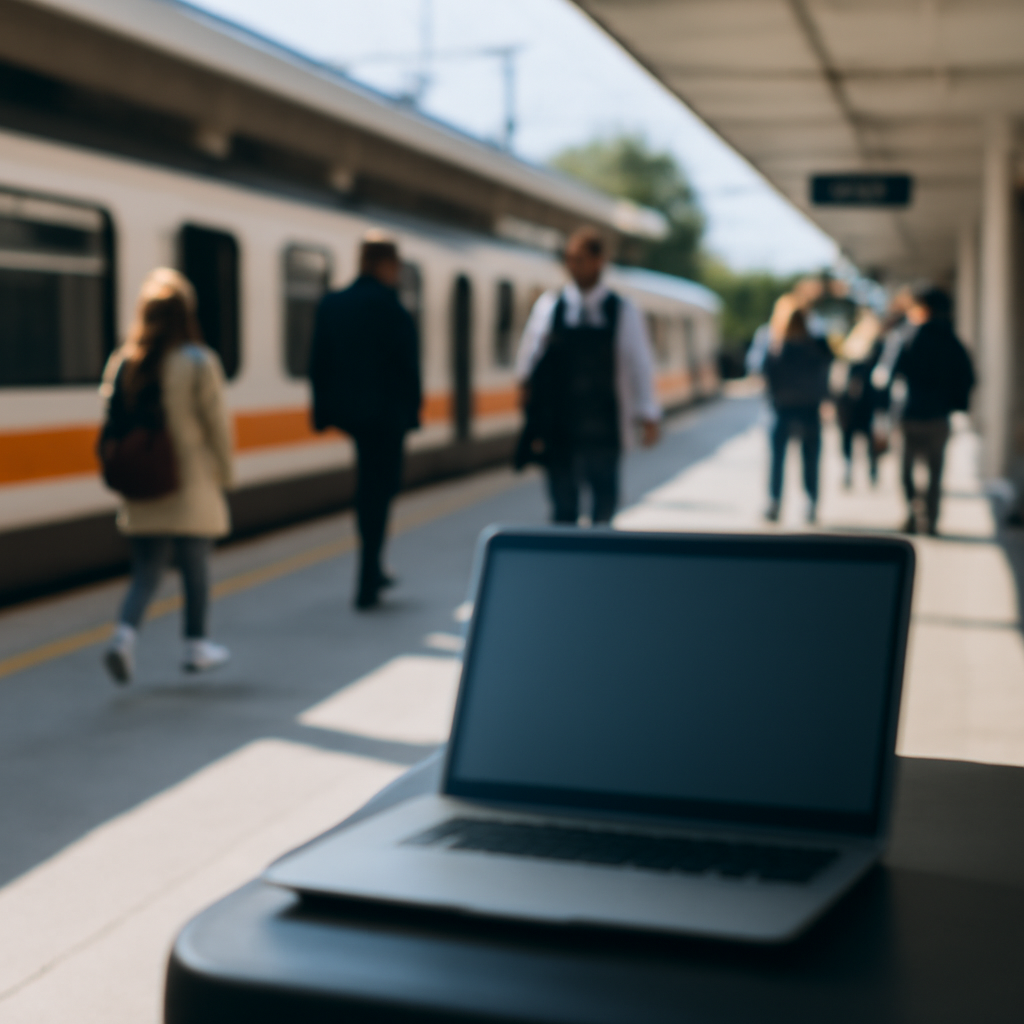 City transit platform with people in background and laptop on blurred table in foreground.
