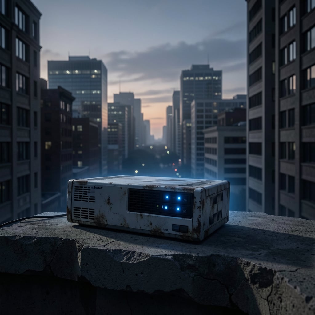 Cityscape at dusk with ominous glow from building edges, a worn edge device in the foreground.