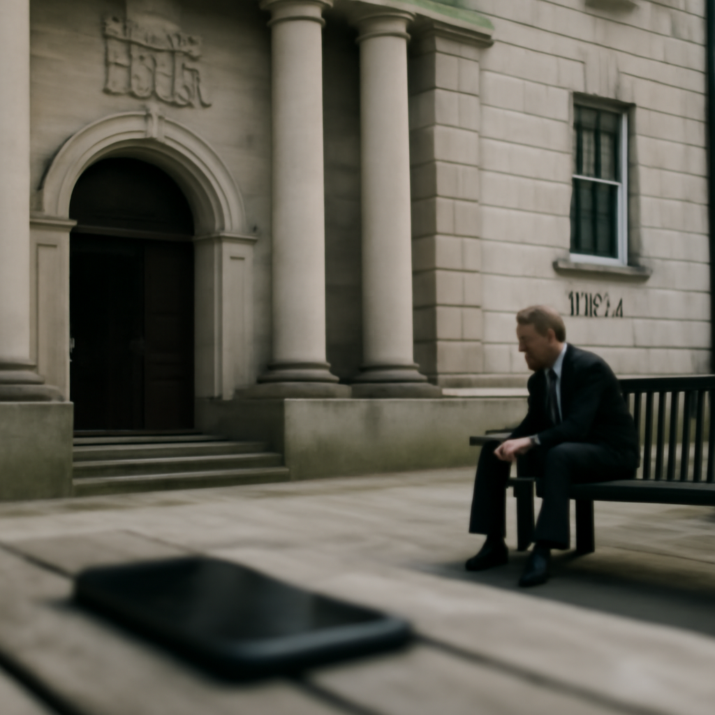 Serene UK courthouse scene with blurred smartphone on bench.