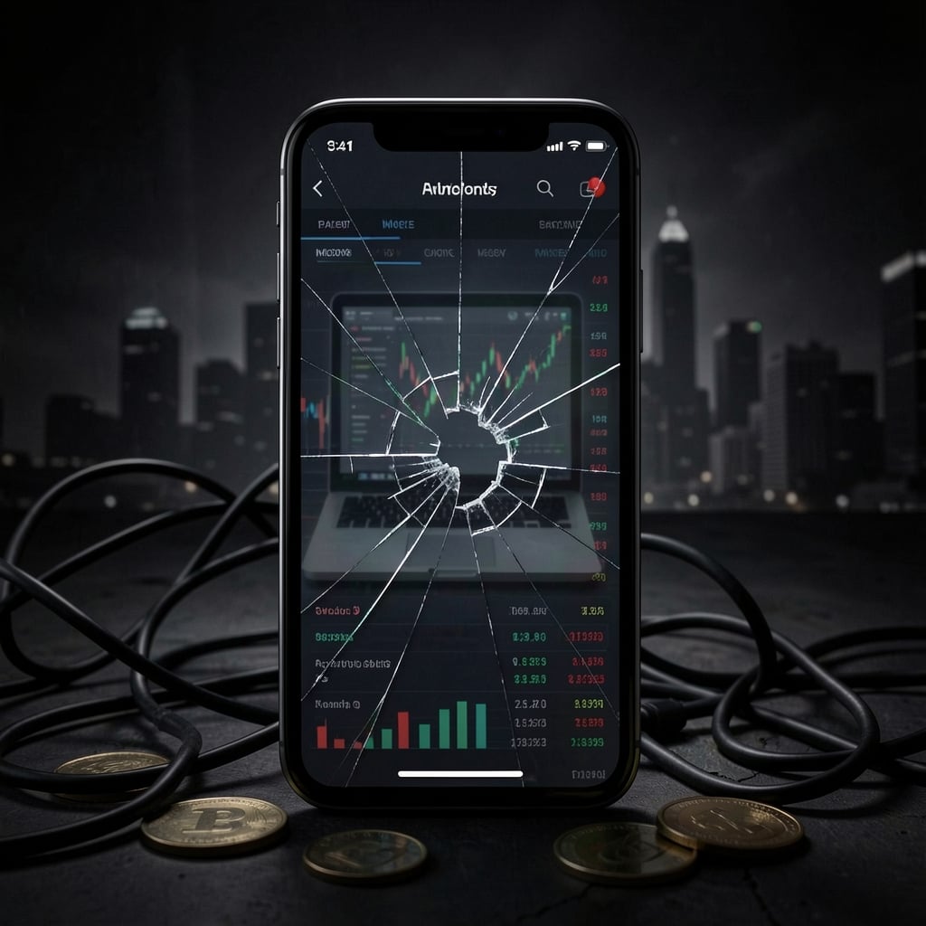 Shattered smartphone screen shows crypto trading interface with cityscape and ghostly laptop reflection.