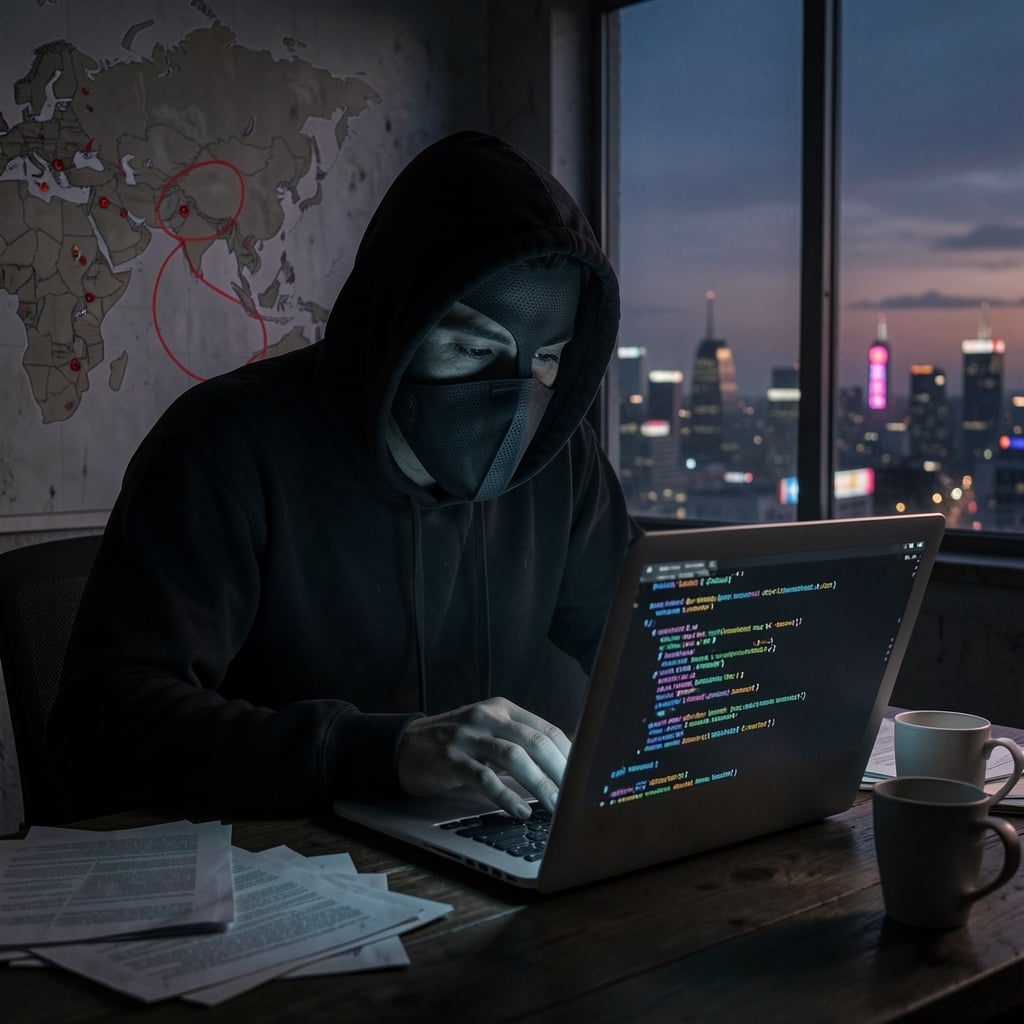 Shadowy figure in hoodie hunched over laptop with code, surrounded by papers and coffee cups, with cityscape and subtle…