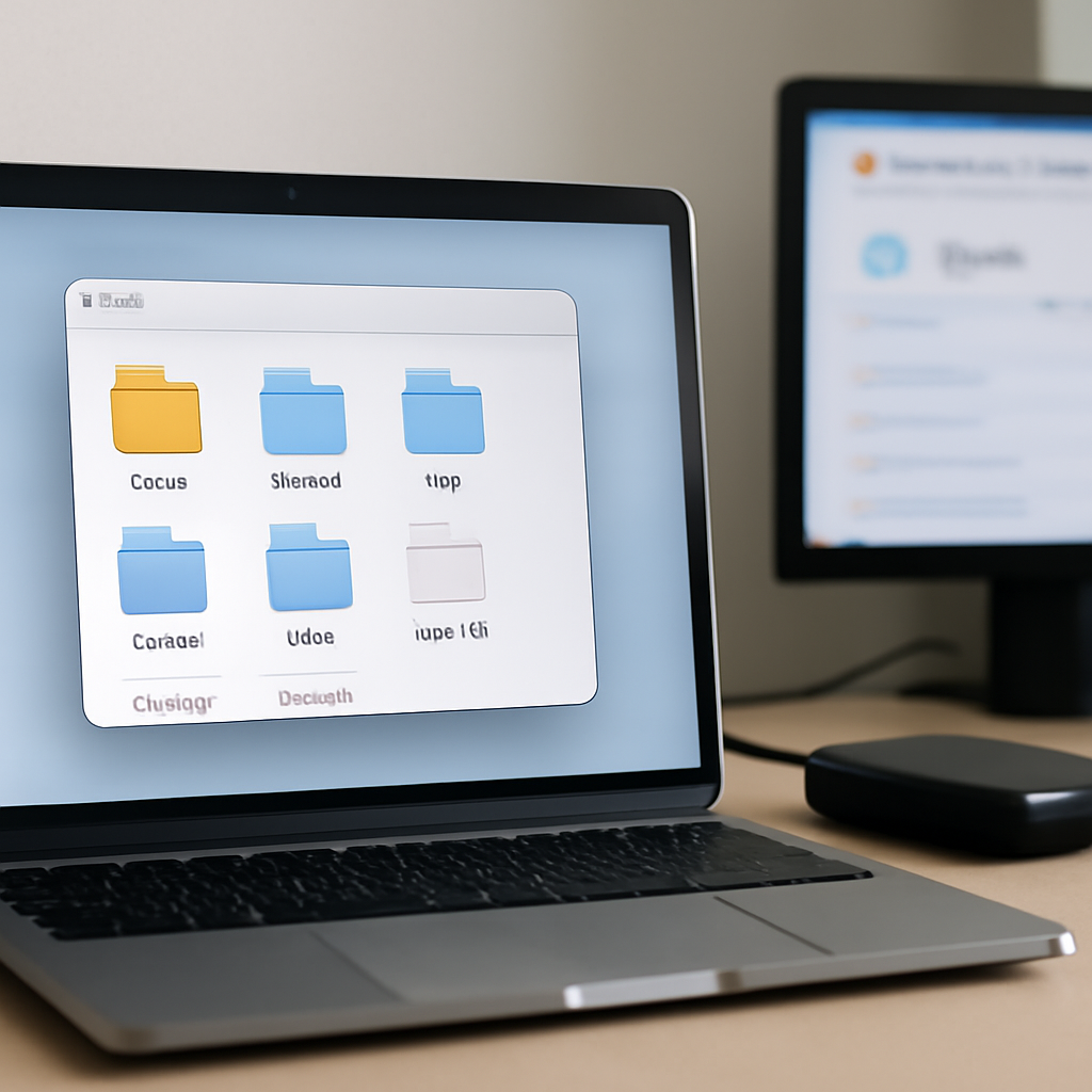 Laptop and external hard drive on a desk with a blurred cloud storage interface nearby, indicating potential data exposure.
