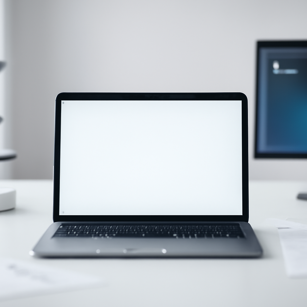 A well-lit computer workstation with a laptop and technical instruments in a clean, minimalist environment.