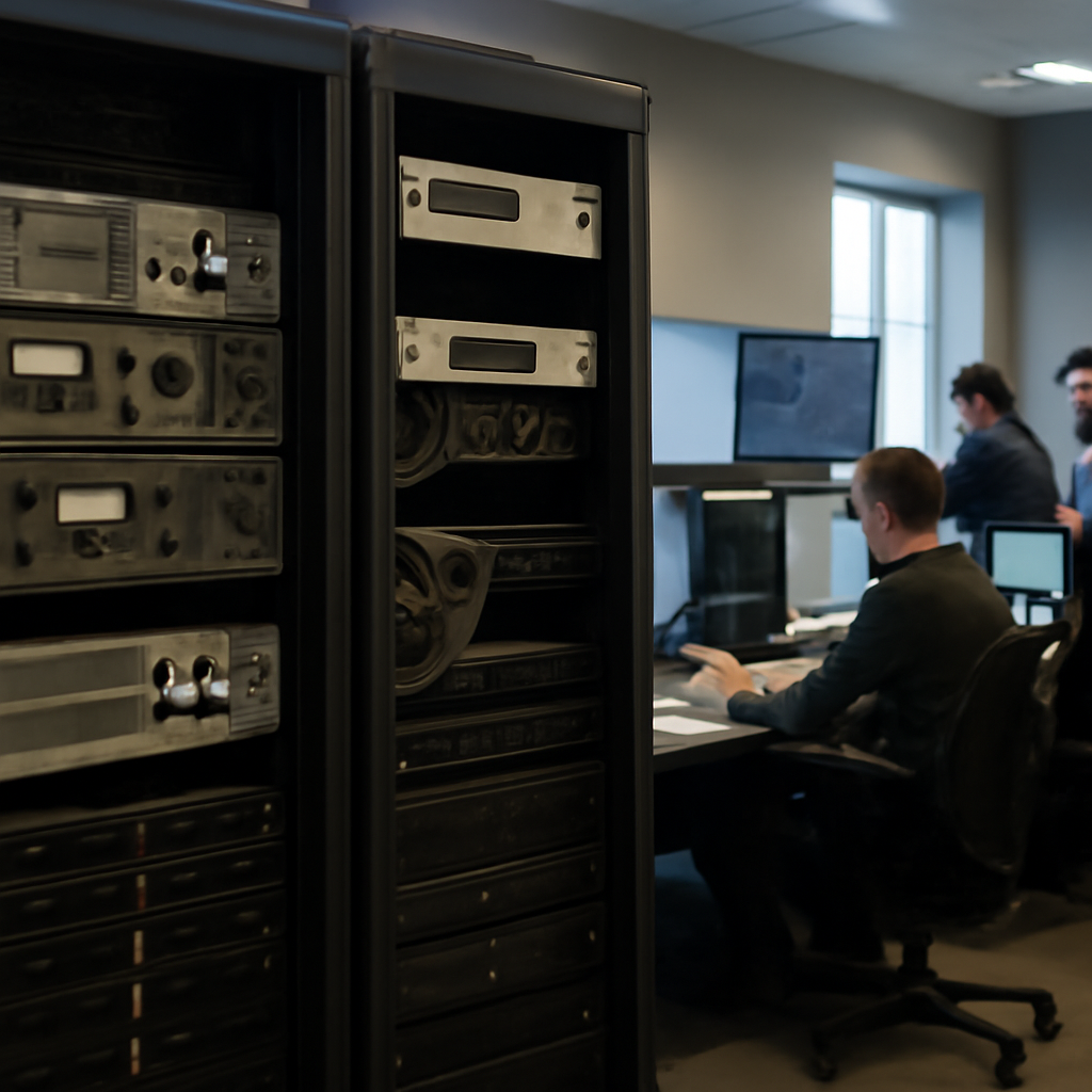 Technicians work in a network operations center with modern and legacy equipment, including a Fortinet device.