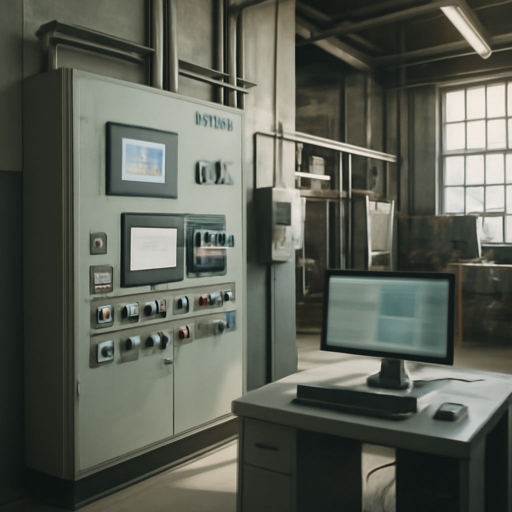 Industrial control room interior with analog and digital equipment, featuring a large control panel and computer workstation.