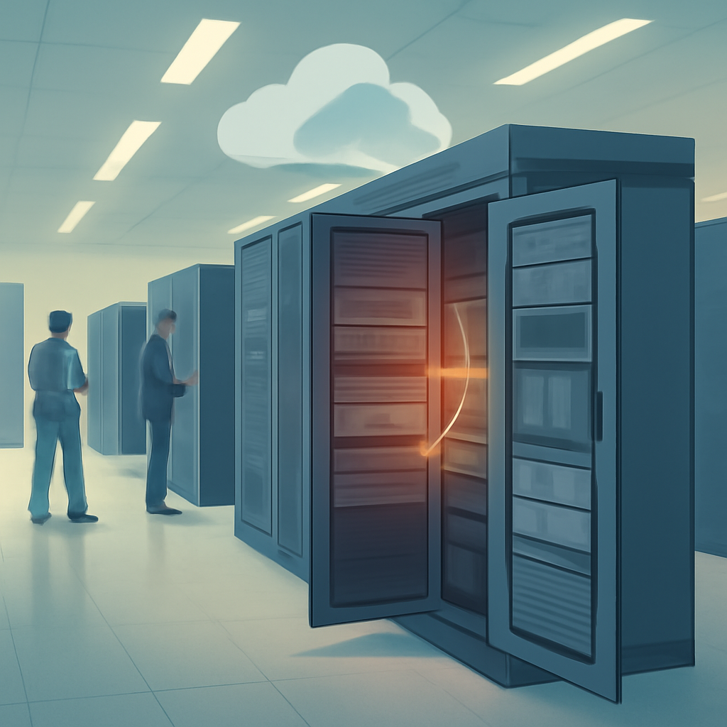 Server room interior with technicians working on equipment, one server rack highlighted.
